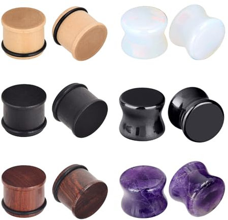 Longbeauty 6 Paar Gauge Flesh-Tunnel Ohr-Plug aus Holz & Stein Piercing Schmuck Stretching Double Flared Dehnung Ohr Expanders, 6MM