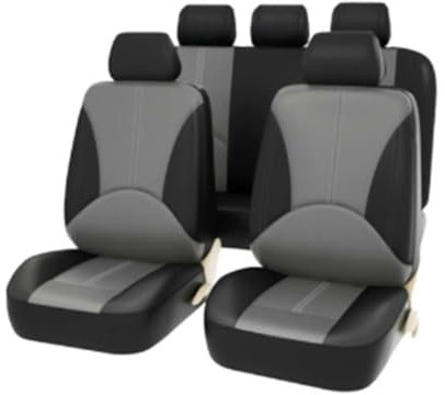 Shkalacar 4 teiliges Autositzbezüge, Universal atmungsaktives PVC Leder Sitzbezüge mit 2 Vordersitzbezüge, 2 Kopfstützenbezüge, Auto Schonbezüge für SUV Fahrzeuge(9 Stück, Schwarz und Grau)