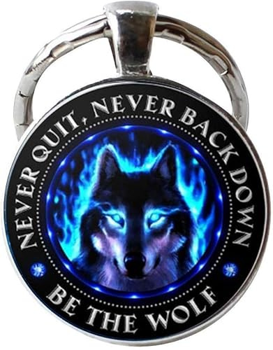 Porte-clés loup, cadeaux de loup, amoureux de loup, esprit de loup, Be The Wolf, yeux de loup, Never Quit Never Back Down, Loup natif, bronze, 25