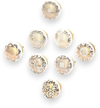 Infinity Decor Schrankknäufe aus Keramik, 38 mm, Shabby-Chic-Stil, für Kommoden, Schranktüren, Kleiderschrank, 8 Stück, Weiß und goldfarben