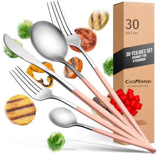 CioMond | Silver Moon Black | 30 tlg. Besteck Set für 6 Personen | rostfrei | Edelstahl | MicroCape Oberfläche | Spülmaschinenfest (rosa matt)