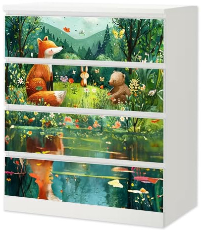 Sunnywall® Möbelfolie passend für IKEA Malm Kommode Schrankfolie Aufkleber mit Waldtiere am See Motiv | blasenfrei verkleben | Kinderzimmer 4er 80 cm