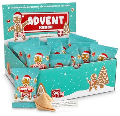 Glückskekse Weihnachten Adventskalender Füllung 24+1 Glückskekse für Adventskalender zum Befüllen, mit Lebkuchengeschmack, im Display, Nikolaus Geschenk, Wichteln Geschenk, Geschenkverpackung