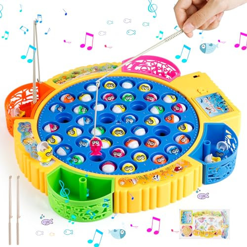 Euakee Elektrische Angelspiele, Angelspiel Spielzeug mit Fischen & 4 Angelruten für Kinder, Montessori Musik, Lernspiel, Geschenk für Jungen Mädchen 3 4 5 6 Jahre (45 PCS)