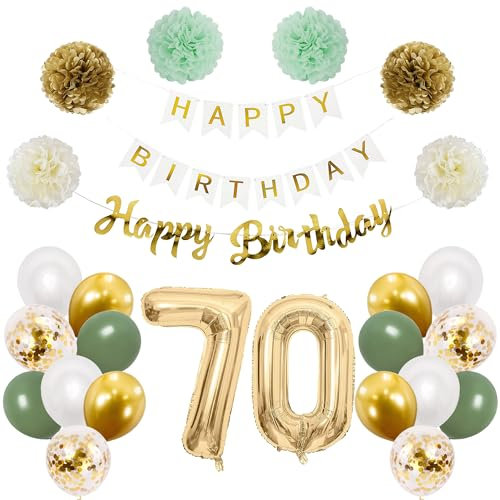 Wiainty Geburtstagsdeko 70 Frau, Salbeigrüne Deko 70. Geburtstag Männer, Luftballon 70. Geburtstag Grün Weiß Gold, Geburtstag Girlande Zahl 70 Luftballons Papier Pompons für 70 Geburtstag