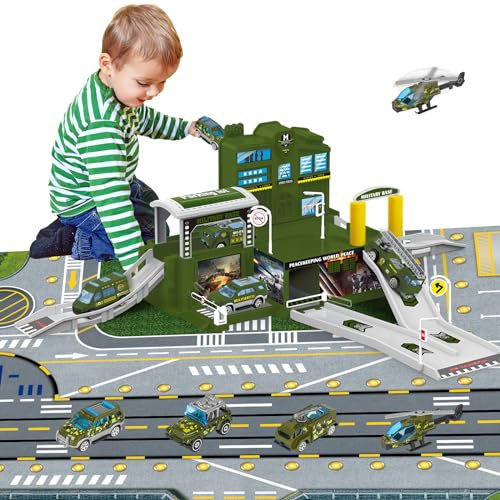 deAO Military Toy Garage Set, Toy for 3 year old, Kids' Play Vehicle Garages with Garage Vehicles Helicopters Traffic Signs,Play Figures Playset (Military Parking Station Playset)