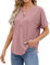 Atxnn Women's T-Shirts Short Sleeve Tops V Neck Summer Blouses with Decorative Button Plain Loose Eyelet Shirt, Pinkish Medium
