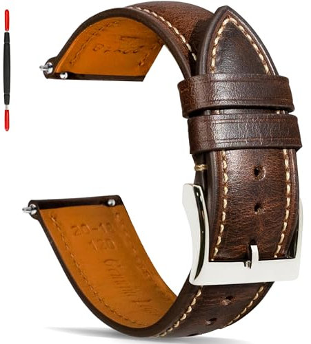 Gomvadr Quick Release Lederarmband, Vintage Öl gegerbt Pull-up Lederband Ersatz Uhrenarmbänder Männer Frauen 14mm 16mm 18mm 19mm 20mm 21mm 22mm 24mm (20mm, Brown/Silver Buckle)