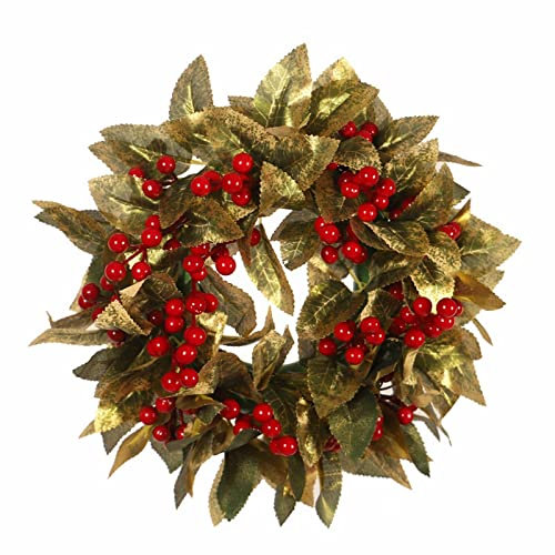 14-Weihnachtsgoldkranz für Haustür. Weihnachtskranz mit roten, Heimdekoration für drinnen und draußen Hänge Dekoration Außen (Gold, One Size)