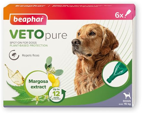Beaphar – VETOpure Flea Spot On for Dogs over 15kg, 3 pipettes – Plant-Based Protection – Repels Fleas for up to 4 Weeks – Pack Provides up to 12 Weeks Protection – Contains Margosa