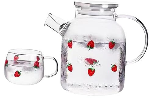 Cabilock Juego de Jarras de Fresas 2 Piezas Jarra de Agua de Vidrio Dispensador de Taza Y al Frío para El Hogar
