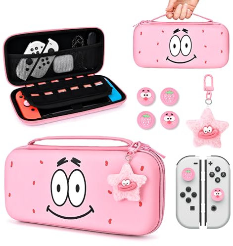 DLseego Tasche Kompatibel mit Switch und New Switch OLED,Lovely Cartoon Gesicht Hard Portable Switch Tasche,mit Switch Zubehör 4PCS Switch Joystick Kappen und 1 Charm,Rosa