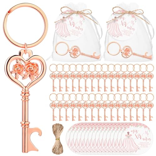 Landical 50 Sets Quinceanera Party Favors for Guests Rose Bottle Opener Flower Bottle Opener Keychain with Thank You Cards Organza Bags Quinceanera Gifts for Sweet 15 Birthday Party Favors
