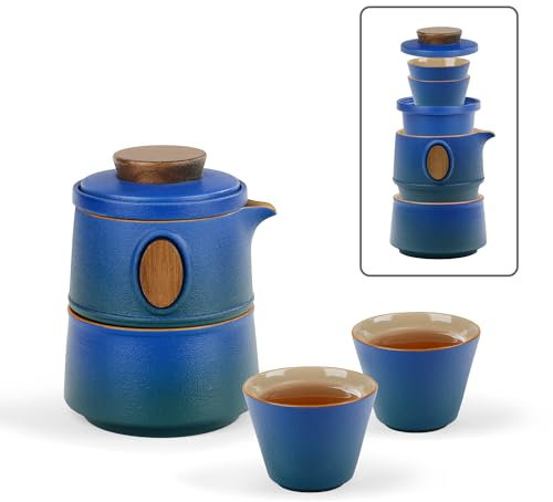 fanquare Service à Thé de Voyage Portatif avec Étui Théière Kung Fu Chinoise en Porcelaine Bleue avec Infuseur Mini 1 Théière 3 Tasses pour l'extérieur