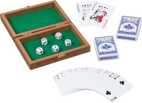 goki 56308 - Spielkartenbox mit 106 Karten und 5 Würfeln – Spielset für Kinder, Robuste Spielkarten und Würfel in Holzkiste, 112-er Set, ab 7 Jahre