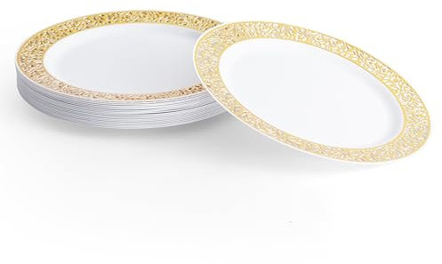 MATANA 20 Platos de Plástico Blanco Premium con Borde Dorado, 26cm - Elegantes, Resistentes y Reutilizables - Bodas, Cumpleaños, Bautizos, Navidad, Barbacoas, Fiestas