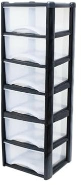 Neat. 6 Plastic Storage Drawers Unit with See-Through Drawers, Compact Vertical Design – Durable Plastic, Ideal for Organizing Office Crafts, and Household Items, 120cm x L39cm x W39cm - Black/Clear