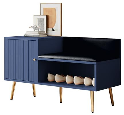 Billg Schuhschrank mit Sitzfläche, Schuhregal Sitzbank mit Gepolstert und Rückenlehne, 1Türen und Offenes Fach, Metallbeine, Stauraum Schuhablage, 100 x 38 x 58cm, Blau