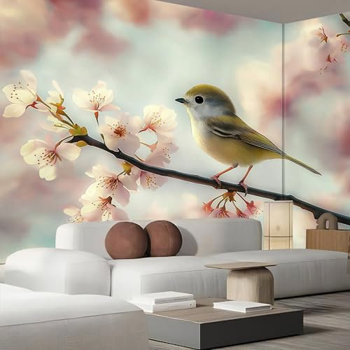 Papier Peint Panoramique 3D Branches Cerisiers En Fleurs,Tissu de soie Moineau Mignon Photo Mural, 150×105 cm Poster Salon Chambre Mur de fond Chambre des Enfants Bureau Décoration de Maison