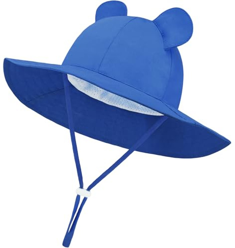 DRESHOW Unisex Baby Kleinkinder Sonnenhut Kappe Mütze mit Bärenohren Breite Krempe Fischerhut Strandhut Kinder Baby Sommerhut mit Kinnriemen UV Schutz UPF 50+