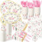 Yungyan 194 Pcs Floral Party Supplies Pink Floral Scalloped Plates and Napkins Tablecloth Cups Bridal Shower Disposable Tableware Set for Wedding Birthday Baby Shower Tea Party Decoration