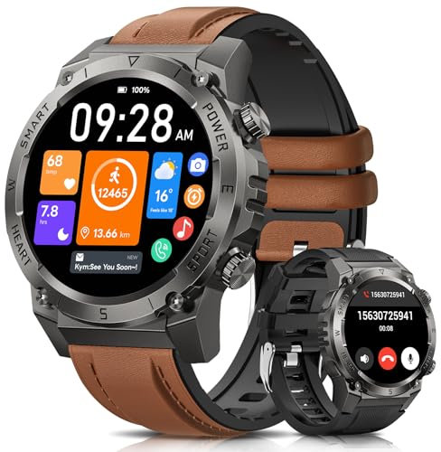 Montre Connectée Homme Militaire 500mAH 1.46 HD Smartwatch Homme avec Appel Bluetooth, 24/7 Sommeil/Fréquence Cardiaque/Podomètre 110 Sportifs IP68 Étanche Montre Sport Android iOS 2 Bracelets Marron