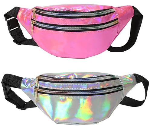 2 Stück Bauchtasche Gürteltasche Damen, Verstellbarer Gurt Hüfttasche,Sport Wasserdicht Hüfttasche,Holographische Fanny Pack mit Taschen für Damen Outdoor Wandern Reisen Party Festival(2 Farben)