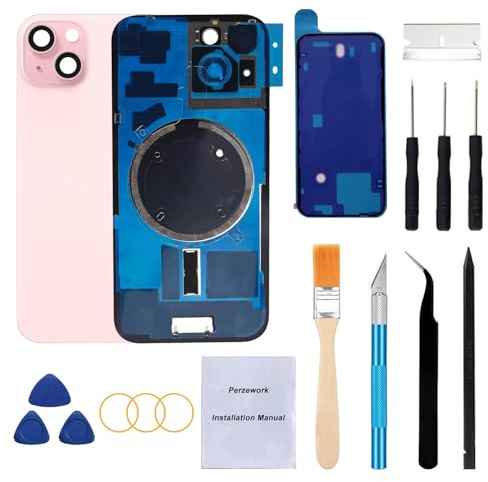Perzework Ersatz-Rückglas für iPhone 15 15,5 cm (6,1 Zoll) + vorinstallierte Platte und Kamerarahmen und Objektiv + Reparaturwerkzeug-Set (Rosa)