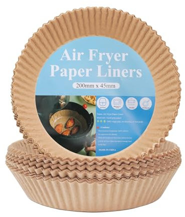 FEHCBIO Runden für 4.5L-8L 100 Stück Airfryer Backpapier für Heißluftfritteuse 20-24cm, Antihaft Wasserdicht Ölfest Einwegschalen Pergamentpapier Liner für Ofen,Pfannen,Backen,Bratpfanne,Mikrowelle