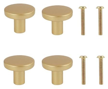 Aifrymne Elegant Brass Door Knobs and Handles - 4 Pcs, Round Cabinet with Single Hole Installation, Small Pull Door Knobs for Drawers, Wardrobes, Cabinets, Gold Finish, 20x25mm, Includes Screws