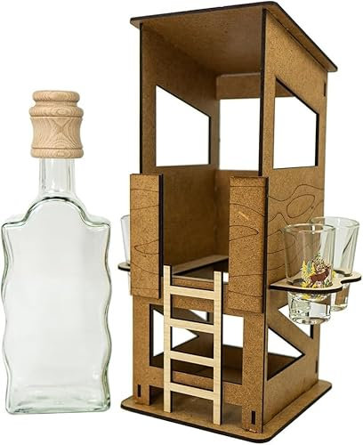 Holz Jagdkanzel mit Karaffe & 6 Gläsern – Geschenkset für Männer | Flaschenhalter für Alkohol | Bar Deko | Whisky Schnaps Likör | Originelles Männergeschenk