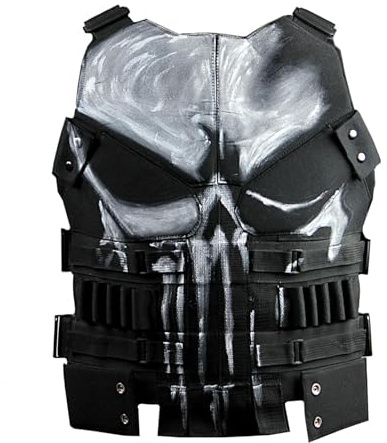 Veste Gilet en Cuir de Moto Motard Tactique Homme The Frank Castle Skull Logo Noir Costume Halloween Cosplay, L