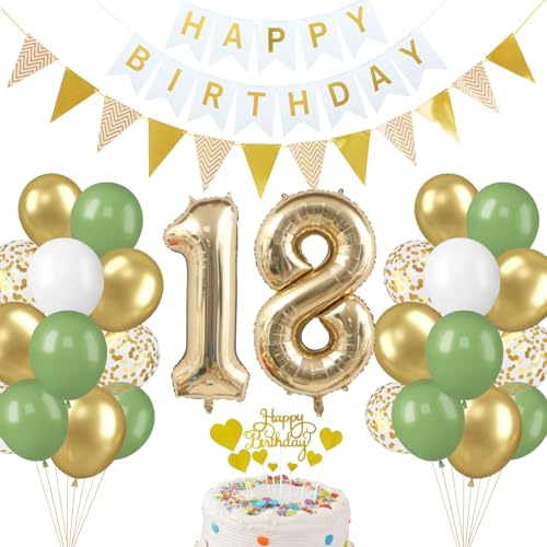 Vuemhjaey 18 Geburtstag Deko set für Männer & frauen - 32 Zoll Folienballon, Luftballons in Grün & Gold, Herz Tortendeko, Banner & Flagge - Perfekt für Servietten 18. Geburtstag