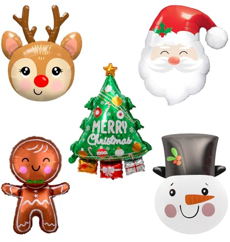 DazzJoy 5 Stück Weihnachten Folienballon, Weihnachtsdeko Luftballons Set mit Weihnachtsmannkopf, Elchkopf, Weihnachtsbaum, Schneemannkopf, Lebkuchenmann, Helium Ballons Weihnachten für Neujahr Deko