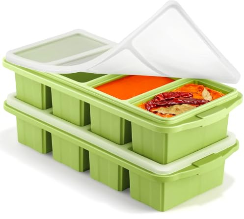 2 Pack Silicone Freezer Tray, 1 Cup/250 ml Soup Freezer Containers Molds with Lid Large Ice Cube Trays for Storing Freezing Broth Sauces Stews Curries (Avocado-Green)