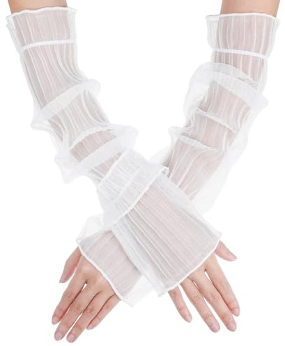 Telooco Sheer Arm Sleeves Long Mesh Gloves for Women Rave Tulle Stretchy Gloves with Ruffle (White)