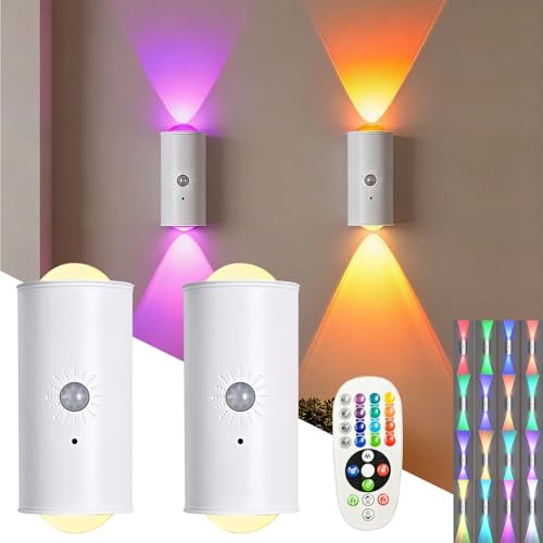 2 Stück Nachtlicht Mit Bewegungsmelder Und Fernbedienung, 16 Farben Farbverlauf Kabellose Wandleuchten, RGB Magnetische Sunset Lamp -EIN Dimmbar Aufladbar Für Flur Treppe Schlafzimmer Küche (A)