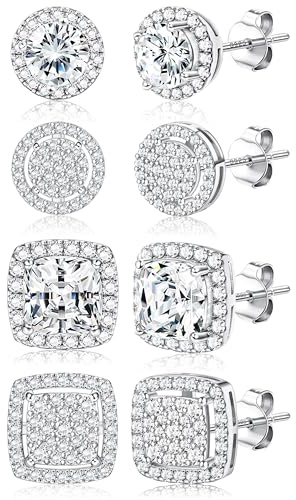 Dochais 4 Paar Ohrstecker Silber 925 Herren Damen Hypoallergene Cubic Zirkonia Ohrstecker Ohrringe Stecker 14K Vergoldete Runder Quadrat Ohrringe Set für Frauen Männer Schnuck Gold Silber