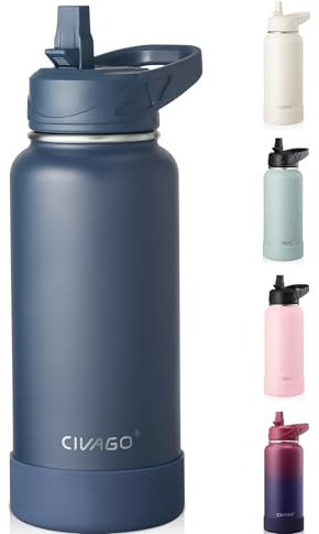 CIVAGO Insulated Stainless Steel Water Bottle with Straw, 950ml Metal Sports Drink Bottle with Handle, Large Travel Thermal Flask Cup for Gym and Hiking, Navy