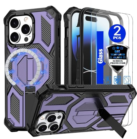 YmhxcY for iPhone 14 Pro Max Case，Compatible with MagSafe[With 2 pieces of tempered glass screen protector] With concealed metal bracket，Heavy-Duty Shockproof Rugged Case，6.7 inch(Purple)