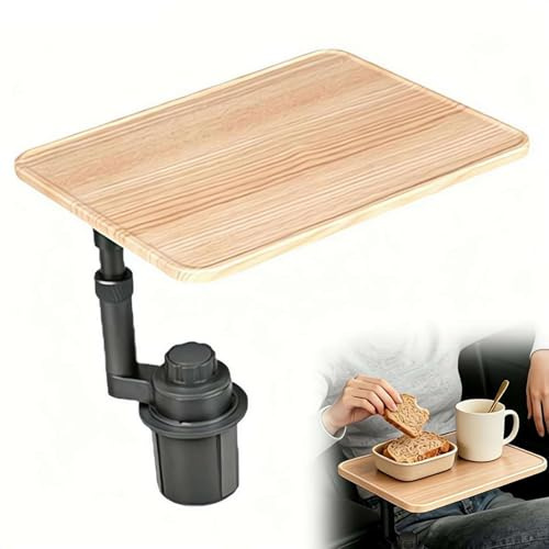 Car Cup Holder Laptop Desk, 360° Rotating Height-Adjustable Car Tray Table with Wooden Surface, Fits Round Cup Holders 2.55–3.93 in, Supports up to 11 lbs