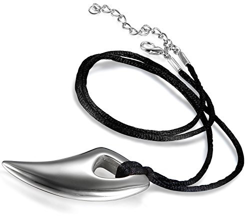 Flongo Edelstahl Leder Lederkette Anhänger Halskette Schwarz Silber Wolf Gebiss Zahn Speer Stammes Einstellbar Verstellbar Kette Herren