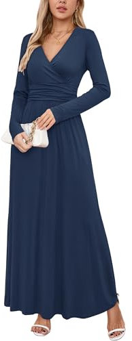 OUGES Women's Winter Spring Casual V Neck Long Sleeve Wrap Ladies Maxi Long Dress with Pockets(Navy,M)