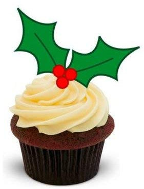 GRÜNE STECHPALME MIT ROTEN BEEREN - 12 essbare hochwertige stehende Waffeln Kuchen Toppers - XMAS GREEN HOLLY WITH RED BERRIES