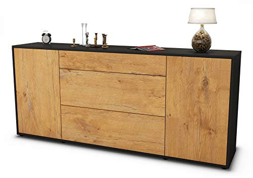 Stil.Zeit Sideboard Eleonora, Korpus anthrazit matt, Front Holz-Design Eiche (180x79x35cm) Push-to-Open Technik & Leichtlaufschienen