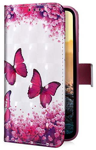 Uposao Kompatibel mit Samsung Galaxy A50 Handyhülle Handytasche Glitzer Bling Glänzend Bunt Muster Schutzhülle Flip Case Brieftasche Klapphülle Leder Hülle Cover,Schmetterling Kirschblüte
