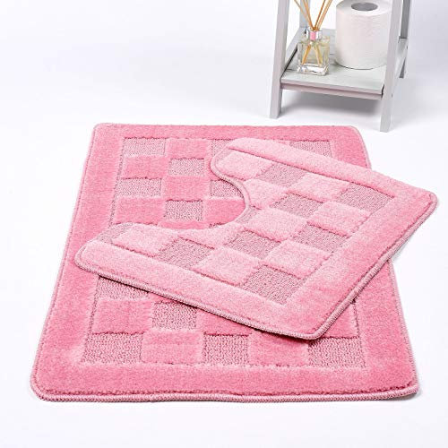 HOMES-LINEN Squares 2 Piece Bath Mat & Pedestal Set Non Slip Extra Absorbent Square Bathroom Toilet Rug Bath Mats Set (Pink)