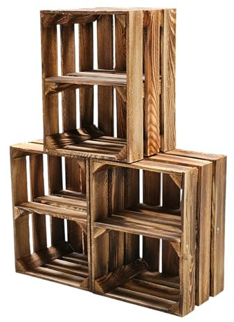 3er Set Holzkiste Weinkiste Obstkiste GEFLAMMT 40cm x 30cm x 25cm -mit Zwischenboden- als Regal und Deko (3er Set mit Boden)