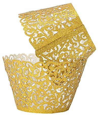 SUYEPER 100pcs Cupcake Wrappers Artistic Bake Cake Paper Cups Little Vine Lace Laser Cut Liner Baking Cup Muffin Case Trays for Wedding Party Birthday Decoration (Gold Glitter)