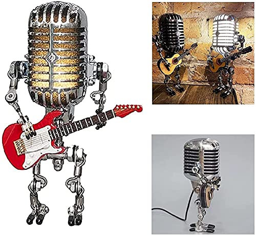 Nihexo Retro Style Microphone Robot Desk Lamp Holding Guitare Vintage, Vintage Guitar Lamp, Steampunk Table with A LED, for Bedroom, Living Room (Red)